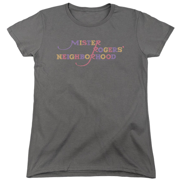 Mister Rogers Womens T-Shirt Colorful Logo Charcoal Tee - Yoga Clothing for You