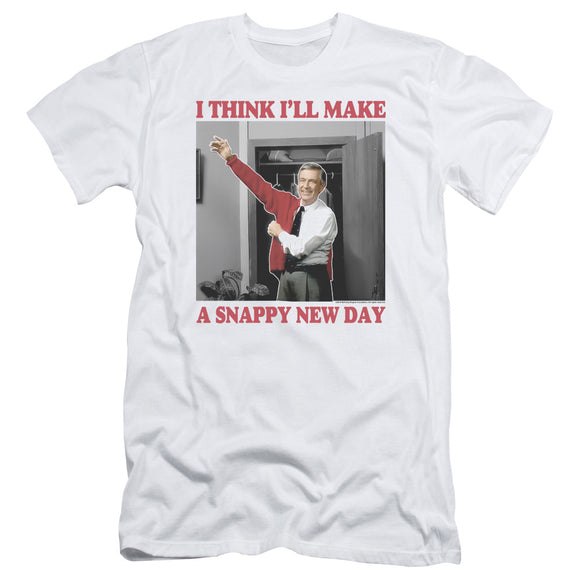 Mister Rogers Slim Fit T-Shirt Snappy New Day White Tee - Yoga Clothing for You