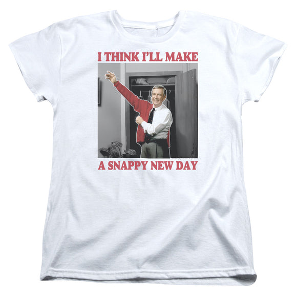 Mister Rogers Womens T-Shirt Snappy New Day White Tee - Yoga Clothing for You
