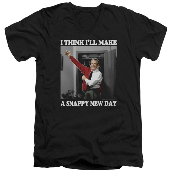 Mister Rogers Slim Fit V-Neck T-Shirt Snappy New Day Black Tee - Yoga Clothing for You