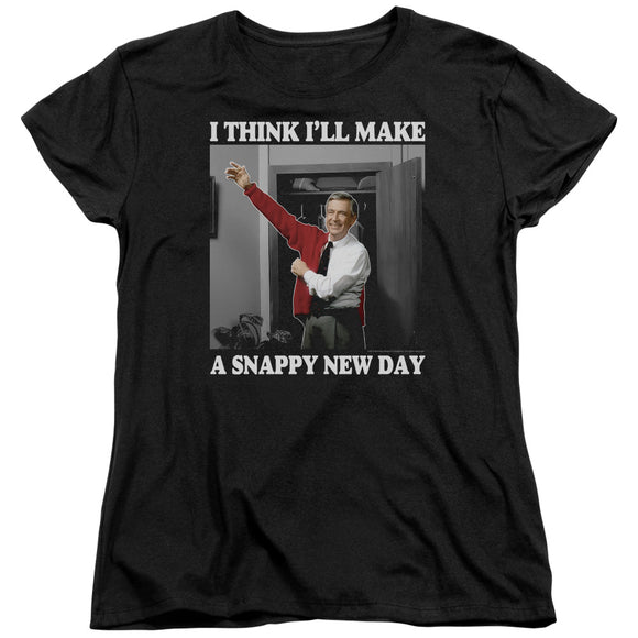 Mister Rogers Womens T-Shirt Snappy New Day Black Tee - Yoga Clothing for You