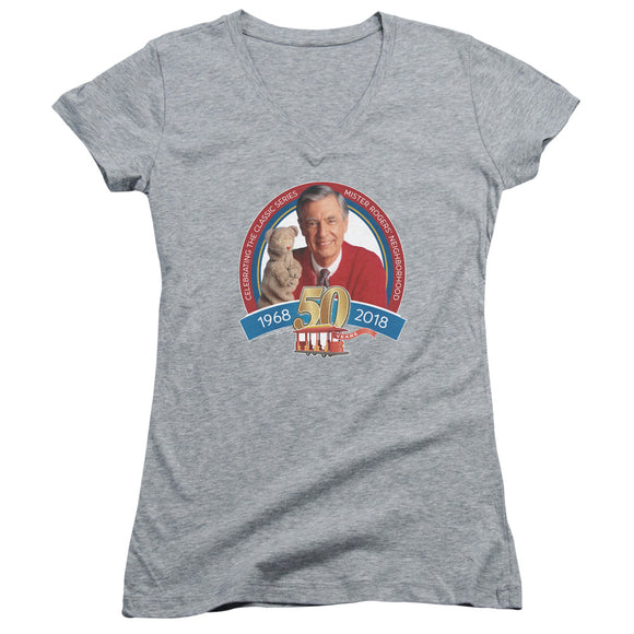 Mister Rogers Juniors V-Neck T-Shirt 50th Anniversary Athletic Heather Tee - Yoga Clothing for You