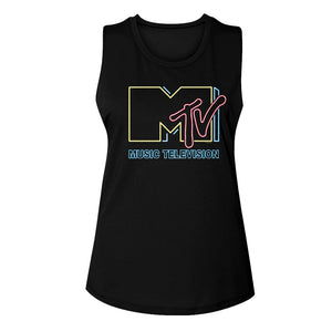 MTV Neon Logo Ladies Sleeveless Muscle Black Tank Top - Yoga Clothing for You