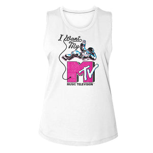 MTV I Want My Astronaut Ladies Sleeveless Muscle White Tank Top - Yoga Clothing for You