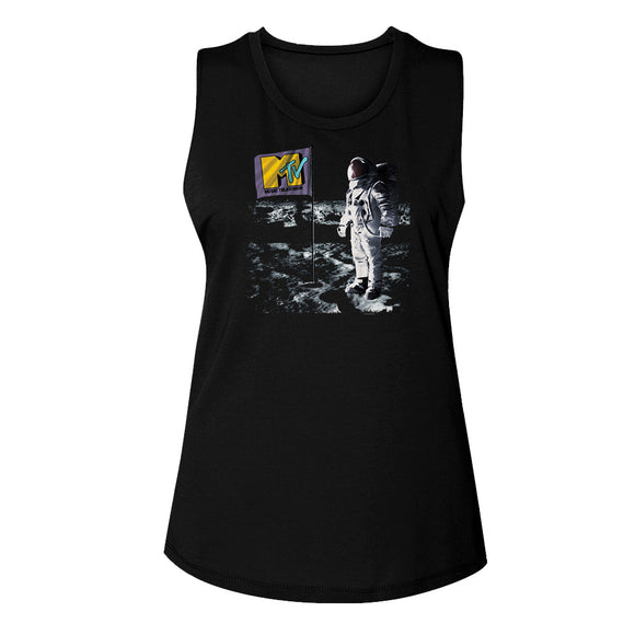 MTV Flag on the Moon Ladies Sleeveless Muscle Black Tank Top - Yoga Clothing for You