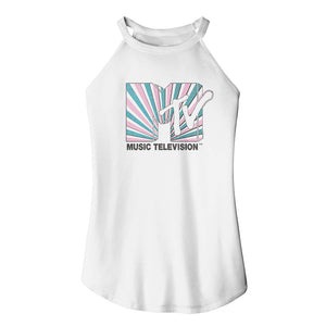 MTV Colorful Striped Logo Ladies White Rocker Tank Top - Yoga Clothing for You