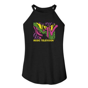 MTV Colorful Leopard and Zebra Logo Ladies Black Rocker Tank Top - Yoga Clothing for You