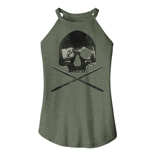 MTV Vintage Skull Cross Logo Ladies Olive Rocker Tank Top - Yoga Clothing for You
