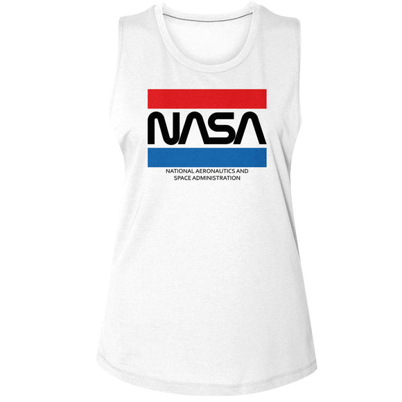 NASA Red White and Blue Stripes Logo Ladies Sleeveless Muscle White Tank Top