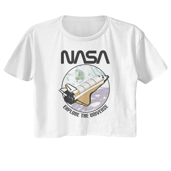 NASA Retro Explore The Universe Ladies White Crop Shirt