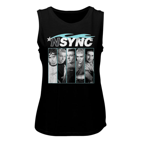 Nsync Black and White Portraits Ladies Sleeveless Muscle Black Tank Top