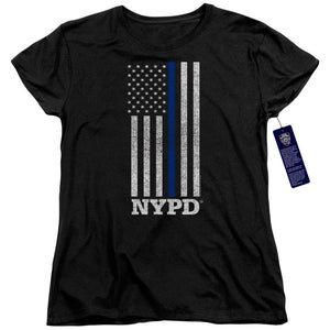 NYPD Womens T-Shirt Thin Blue Line American Flag Black Tee - Yoga Clothing for You