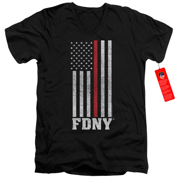 FDNY Slim Fit V-Neck T-Shirt Thin Red Line American Flag Black Tee - Yoga Clothing for You
