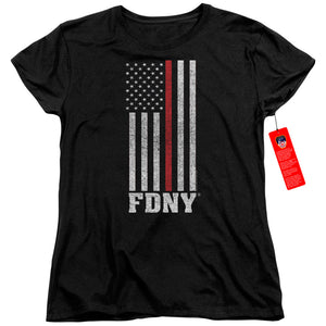 FDNY Womens T-Shirt Thin Red Line American Flag Black Tee - Yoga Clothing for You