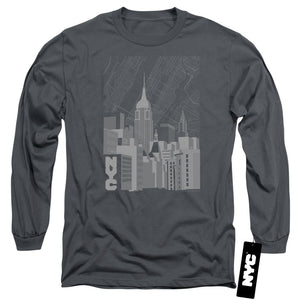 NYC Long Sleeve T-Shirt Manhattan Monochrome Buildings Charcoal Tee - Yoga Clothing for You