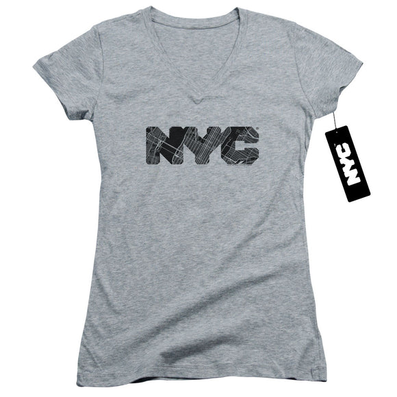 NYC Juniors V-Neck T-Shirt Text Map Fill Heather Tee - Yoga Clothing for You