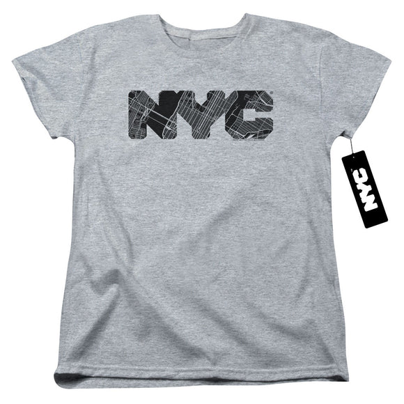 NYC Womens T-Shirt Text Map Fill Heather Tee - Yoga Clothing for You