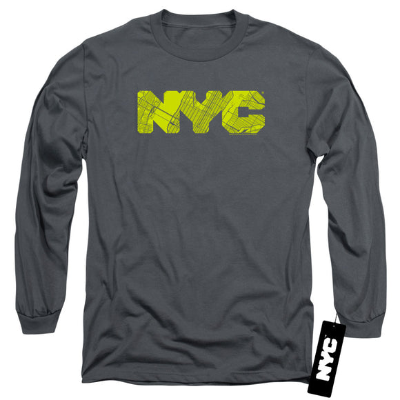 NYC Long Sleeve T-Shirt Text Lime Map Fill Charcoal Tee - Yoga Clothing for You
