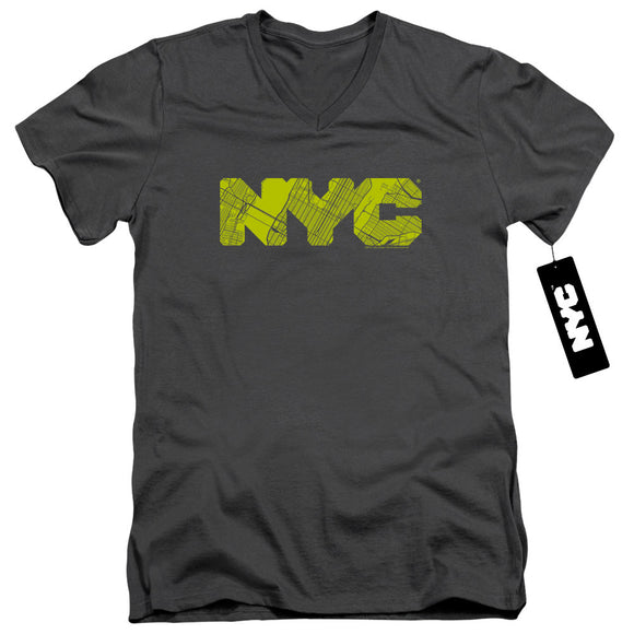 NYC Slim Fit V-Neck T-Shirt Text Lime Map Fill Charcoal Tee - Yoga Clothing for You