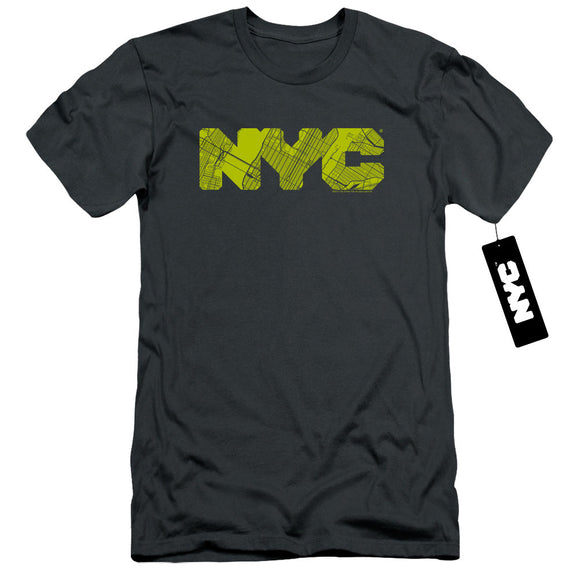NYC Slim Fit T-Shirt Text Lime Map Fill Charcoal Tee - Yoga Clothing for You