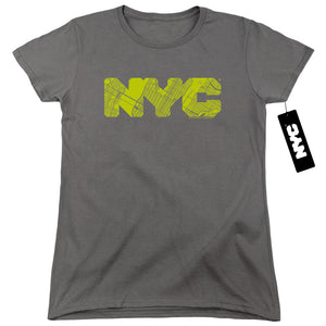 NYC Womens T-Shirt Text Lime Map Fill Charcoal Tee - Yoga Clothing for You