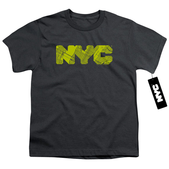NYC Kids T-Shirt Text Lime Map Fill Charcoal Tee - Yoga Clothing for You