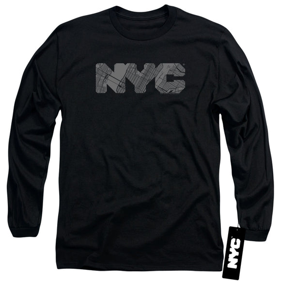 NYC Long Sleeve T-Shirt Grey Text Map Fill Black Tee - Yoga Clothing for You
