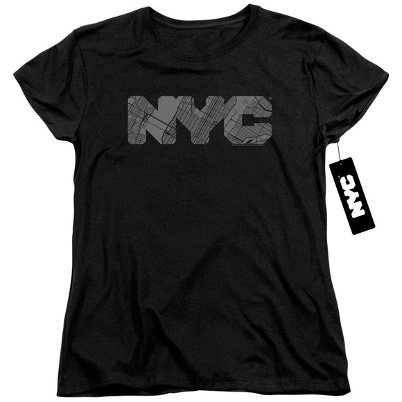 NYC Womens T-Shirt Grey Text Map Fill Black Tee - Yoga Clothing for You