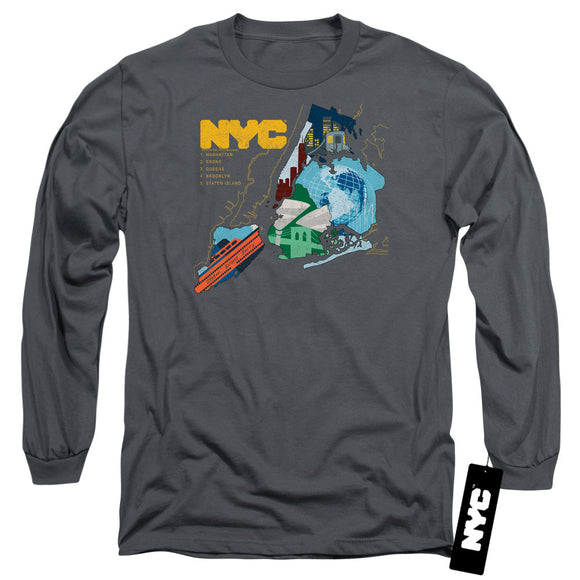 NYC Long Sleeve T-Shirt Five Boroughs Charcoal Tee - Yoga Clothing for You