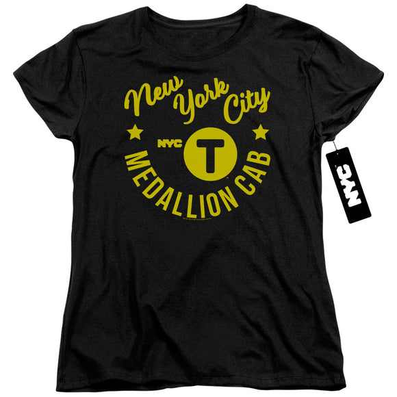NYC Womens T-Shirt New York City Medallion Cab Black Tee - Yoga Clothing for You