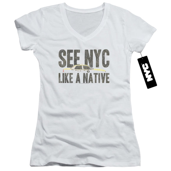 NYC Juniors V-Neck T-Shirt New York City Like A Native Taxi White Tee - Yoga Clothing for You