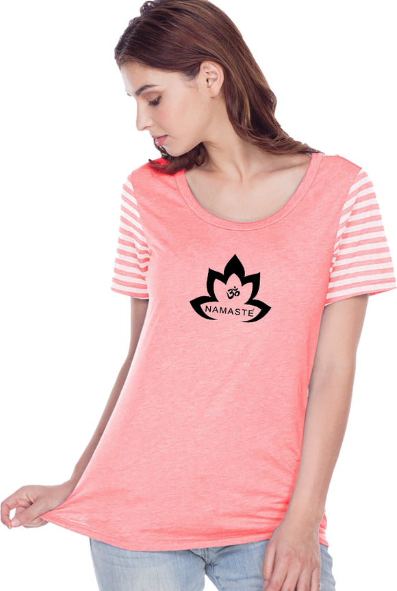 Black Namaste Lotus Striped Multi-Contrast Yoga Tee Shirt - Yoga Clothing for You