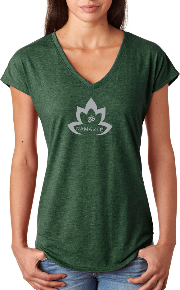 Grey Namaste Lotus Triblend V-neck Yoga Tee Shirt - Yoga Clothing for You