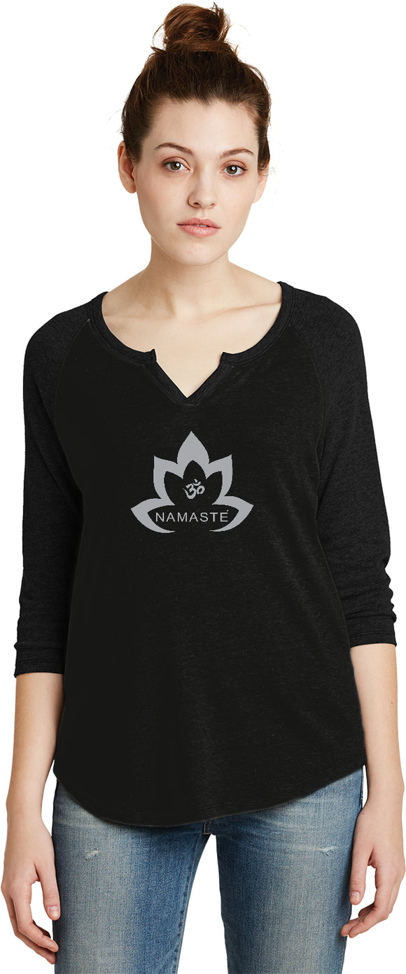 Grey Namaste Lotus 3/4 Sleeve Vintage Yoga Tee Shirt - Yoga Clothing for You