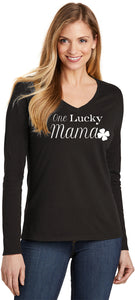St Patricks Day One Lucky Mama Ladies Long Sleeve V-neck Shirt - Yoga Clothing for You