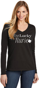 St Patricks Day One Lucky Nurse Ladies Long Sleeve V-neck Shirt - Yoga Clothing for You