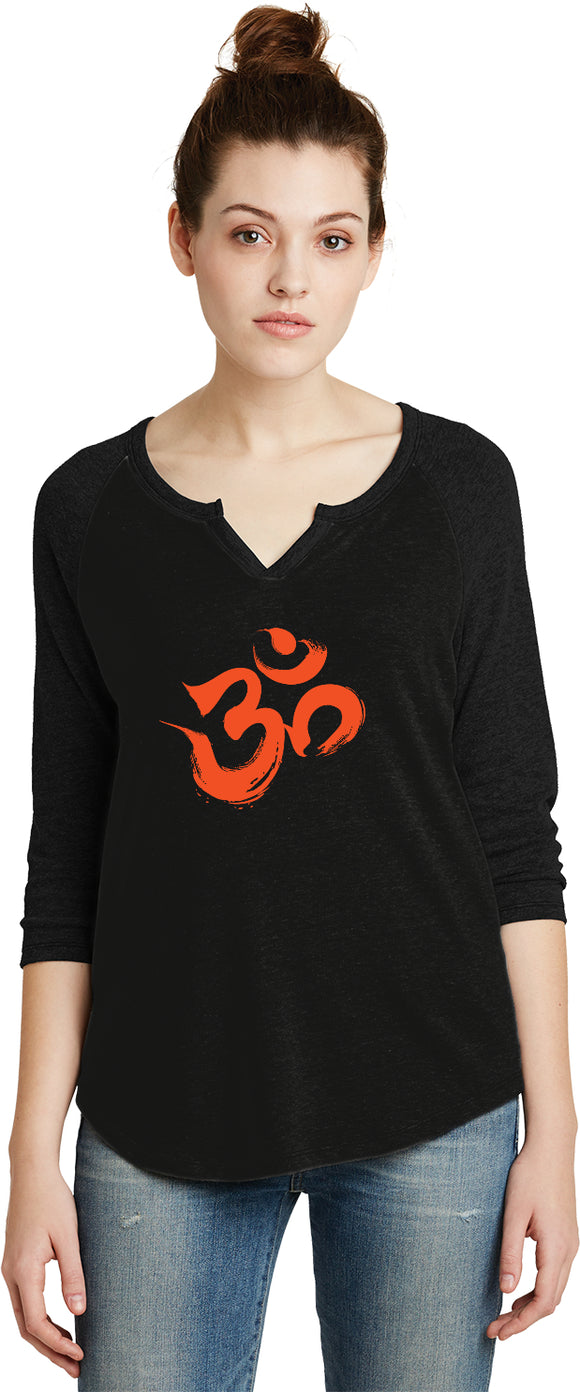 Orange Brushstroke AUM 3/4 Sleeve Vintage Yoga Tee Shirt - Yoga Clothing for You