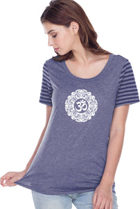 White Ornate OM Striped Multi-Contrast Yoga Tee Shirt - Yoga Clothing for You