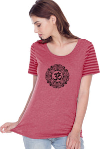 Black Ornate OM Striped Multi-Contrast Yoga Tee Shirt - Yoga Clothing for You