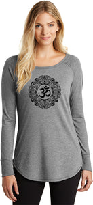 Black Ornate OM Triblend Long Sleeve Tunic Yoga Shirt - Yoga Clothing for You