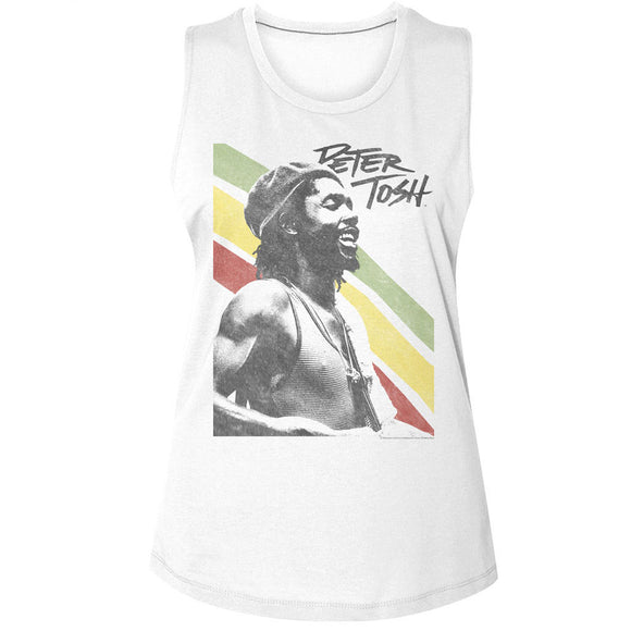 Peter Tosh Photo with Rasta Stripes Ladies Sleeveless Muscle White Tank Top - Yoga Clothing for You