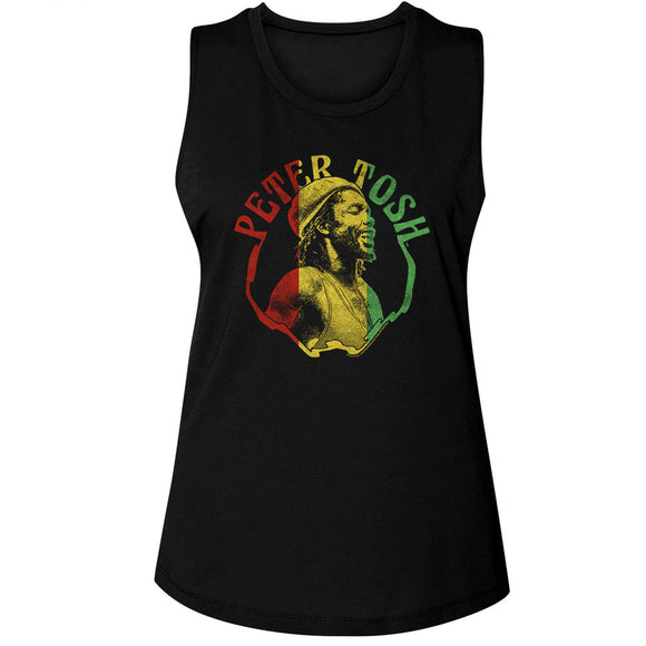 Peter Tosh Pose with Rasta Colors Ladies Sleeveless Muscle Black Tank Top - Yoga Clothing for You