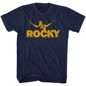 Rocky Tall T-Shirt Distressed Yellow Logo Navy Tee - Yoga Clothing for You