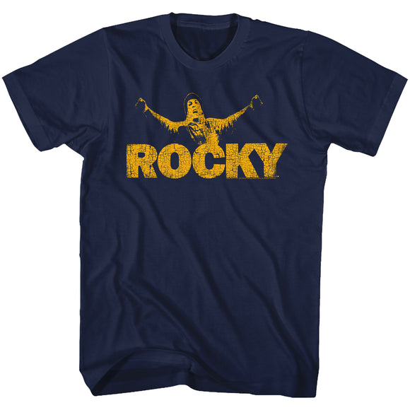 Rocky T-Shirt Distressed Yellow Logo Navy Tee - Yoga Clothing for You