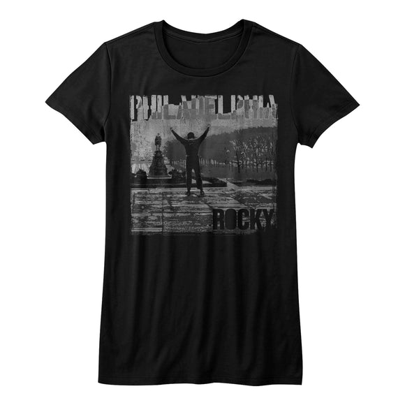 Rocky Juniors Shirt Philadelphia Top Of Stairs Classic Black Tee - Yoga Clothing for You
