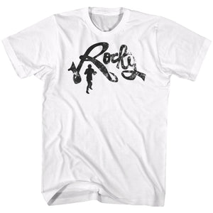 Rocky T-Shirt Distressed Cursive Logo White Tee - Yoga Clothing for You