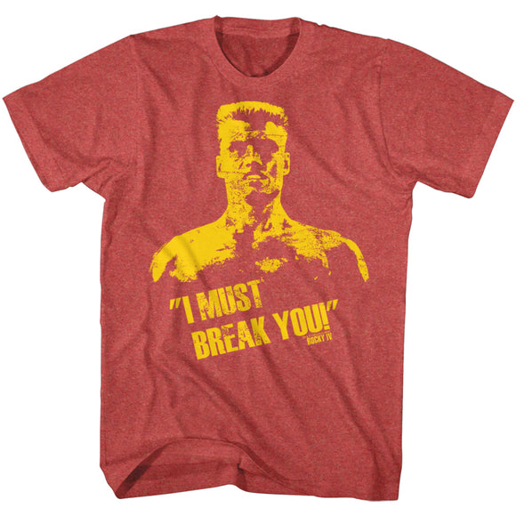 Rocky T-Shirt Distressed Ivan Drago I Must Break You Red Heather Tee - Yoga Clothing for You
