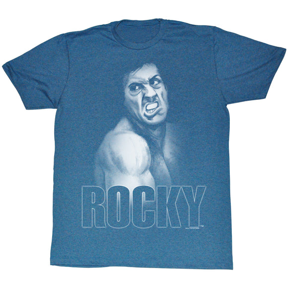 Rocky T-Shirt Distressed White Drawing Portrait Pacific Blue Heather Tee - Yoga Clothing for You