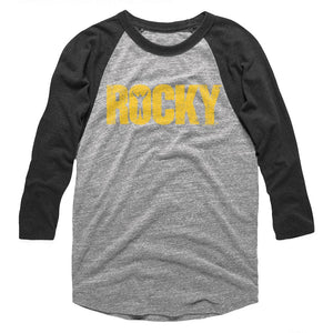 Rocky Raglan T-Shirt Distressed Yellow Logo 3/4 Sleeve Grey/Smoke Tee - Yoga Clothing for You