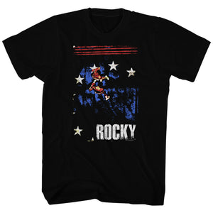 Rocky Tall T-Shirt Patriotic Drawing Looking Down Into Ring Black Tee - Yoga Clothing for You
